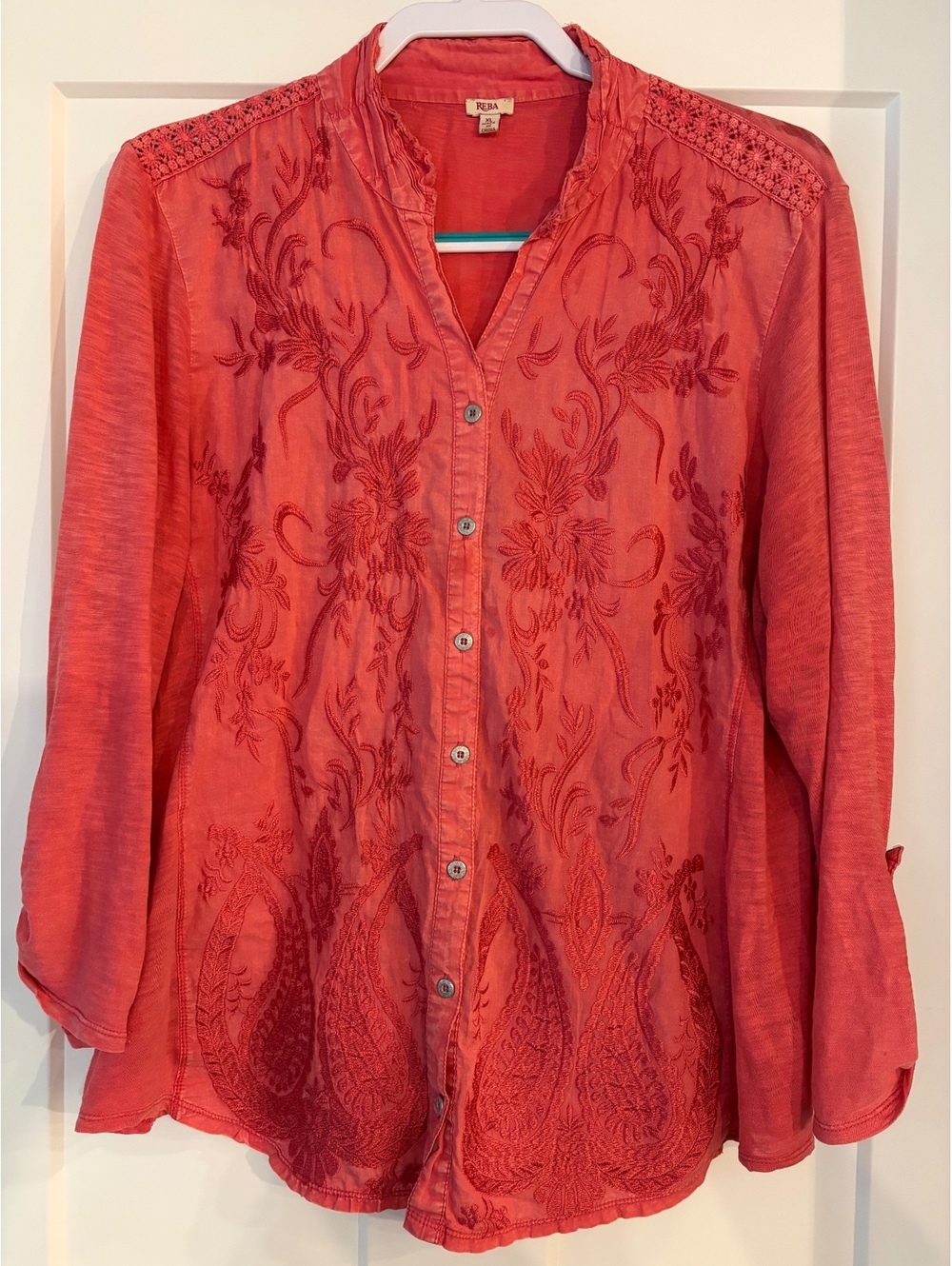 Reba Coral Embroidered Button-Front Top — Size XL